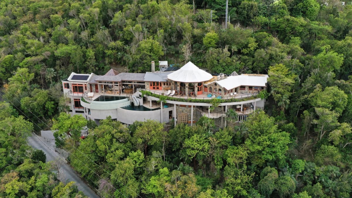 Aerial view of Valhalla St John villa nestled in the Catherineberg hillside, St. John USVI