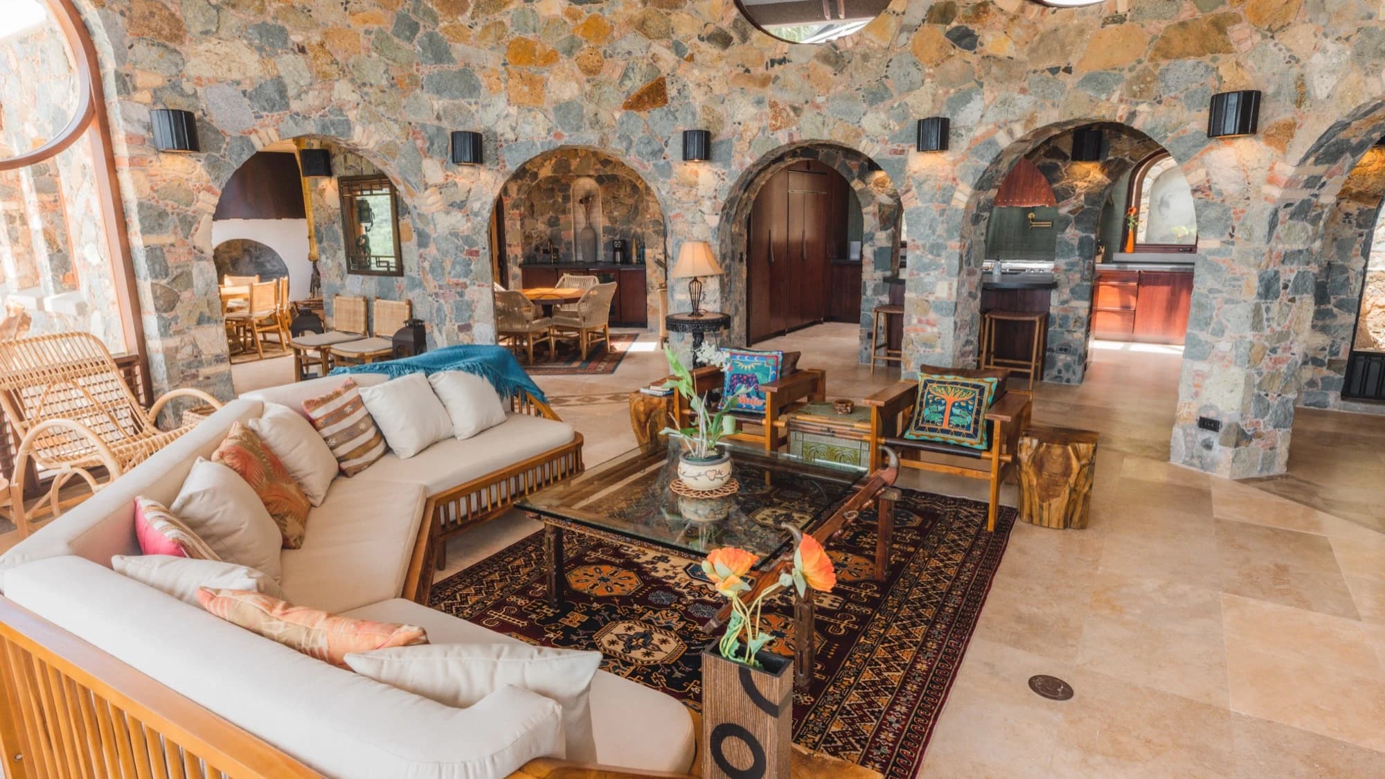 Wide shot of the great room with archways at Valhalla St John villa