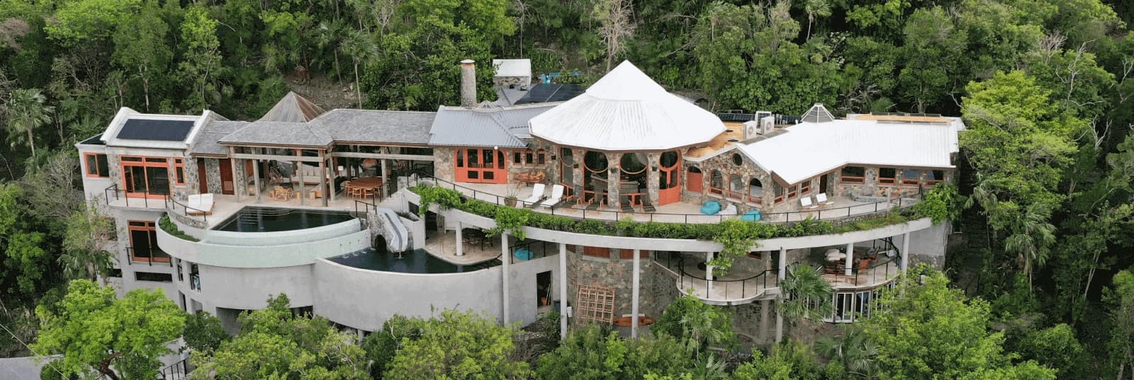 Villa Tour — aerial view of Valhalla St John luxury villa with dual pools in Catherineberg, St. John USVI
