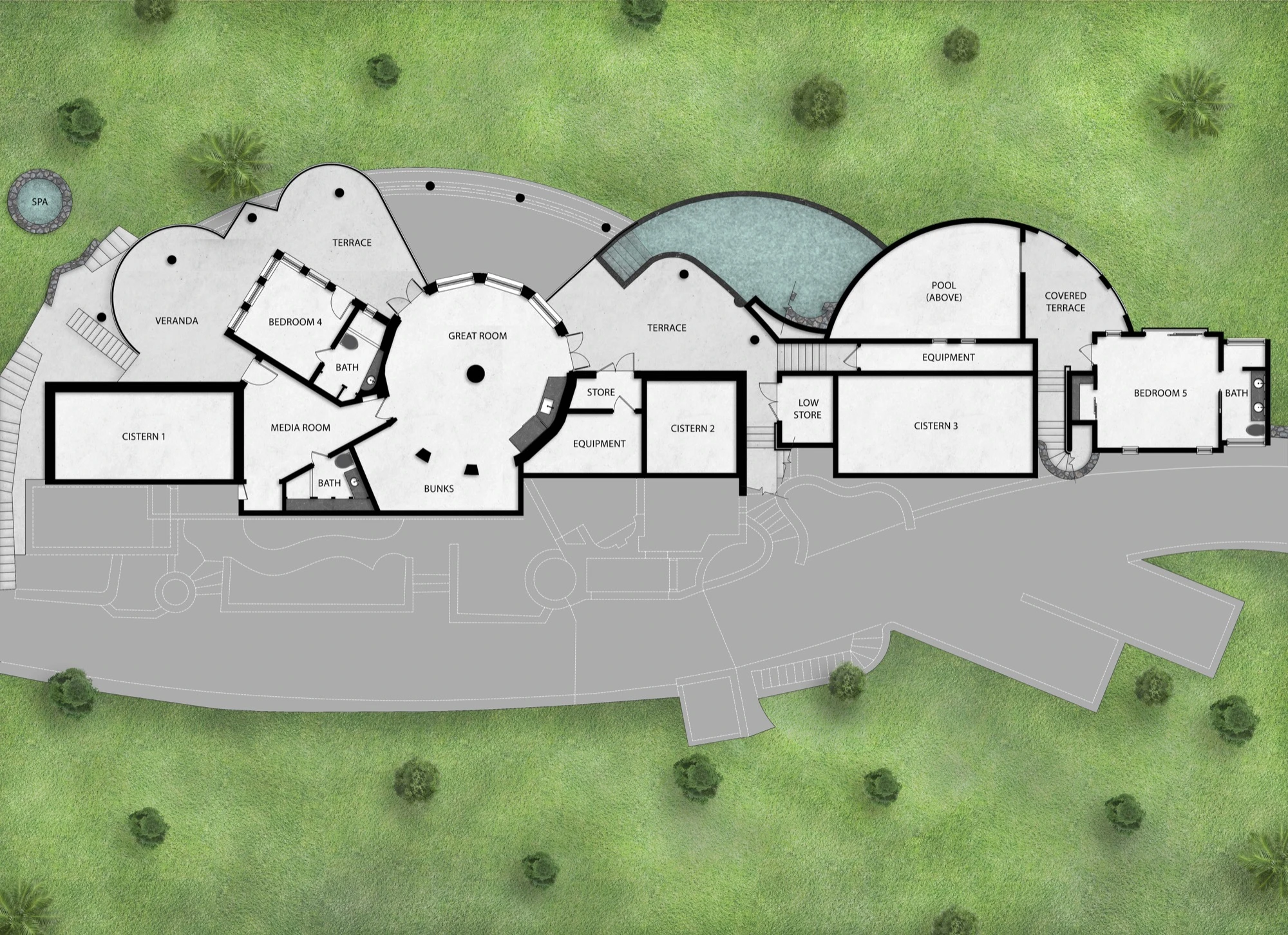 Lower level floor plan of Valhalla St John villa showing the pool area, Hawksnest Suite, Jumbie Bunk Room, media room, and Francis Bay Suite