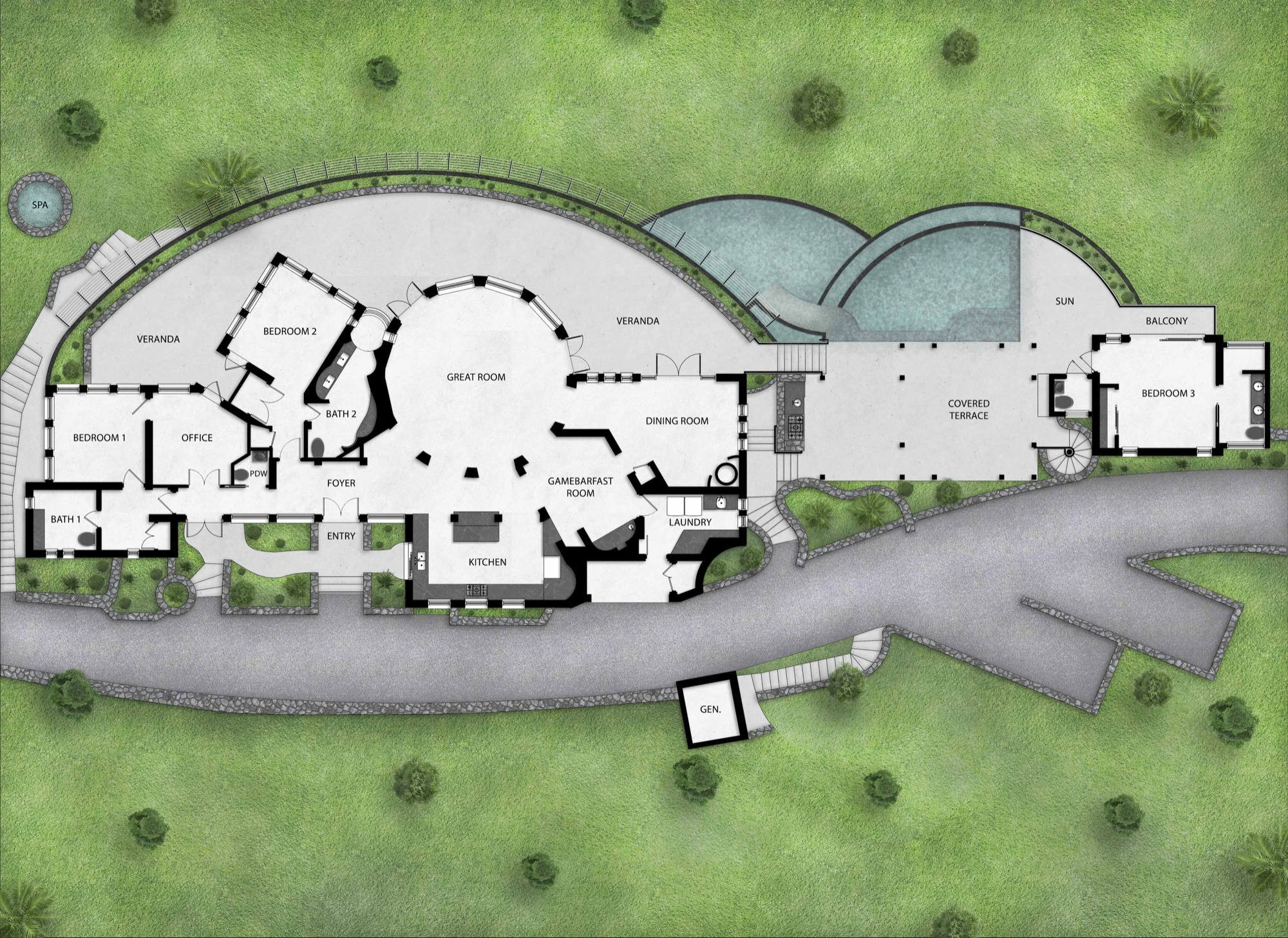 Main level floor plan of Valhalla St John villa showing the entry, living room, kitchen, dining room, and four bedroom suites in Catherineberg